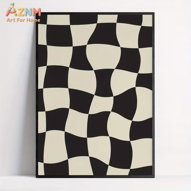Kayou Minimalistisches Leinwandgemälde mit geometrischem Gitter-Design in Schwarz-Weiß als abstrakter Wandkunstdruck - Bild 1