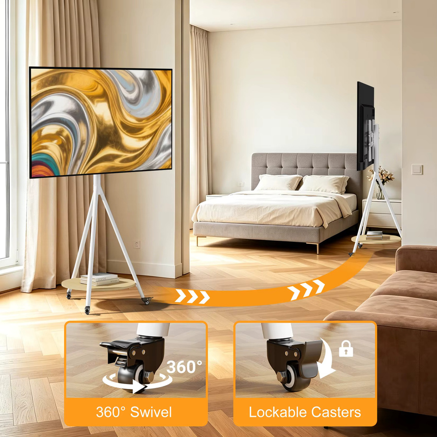 UNHO Eck-TV-Ständer mit Rollen in Weiß, mobiler TV-Wagen für 40-75 Zoll Fernseher bis 50 kg, minimalistisches Design aus Metall für Zuhause, Büro oder Schule - Bild 6