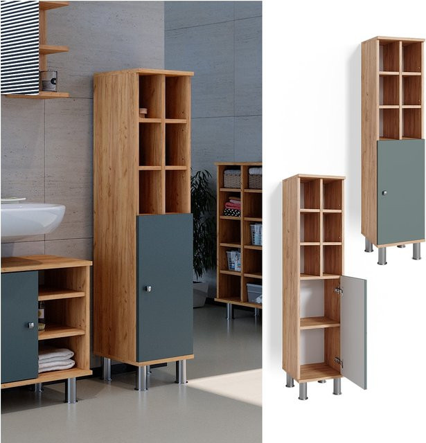 Vicco Midischrank Fynn Badschrank Hochschrank Eiche Grün mit großer Tür B: 30,0 cm, H: 130,6 cm - Bild 1