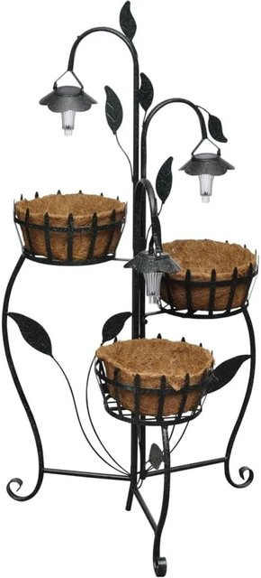 vidaXL Blumenampel mit LED Beleuchtung aus Gusseisen und Kokosfasermatten in Schwarz und Braun, B/T/H: 48 x 48 x 109 cm - Bild 1