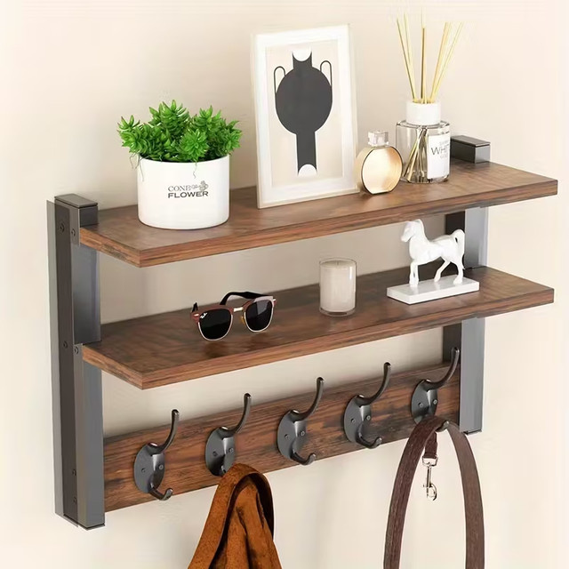 QUHE Schwebendes Wandregal mit 5 Haken in Industrial Design, Holz braun matt - Bild 1