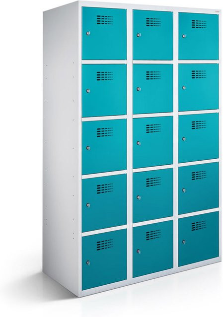 rotstahl Fächerschrank mit 15 Fächern in Türkis und lichtgrauem Korpus, B/T/H: 90 x 50 x 180 cm - Bild 1