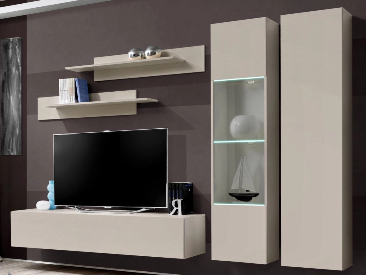 Wohnwand Option von Inn.Furn in Kaschmir Beige, 5-teiliges Set mit LED-Beleuchtung und Glasvitrine, Breite: 260 cm - Bild 1