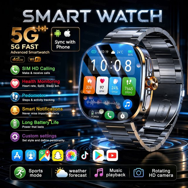 KAVSUMI Smartwatch mit 5G/4G Netzwerk, 2,40 Zoll Saphir-AMOLED-Display, 8GB+128GB Speicher, GPS, WLAN und Videoanruf in Gold - Bild 1