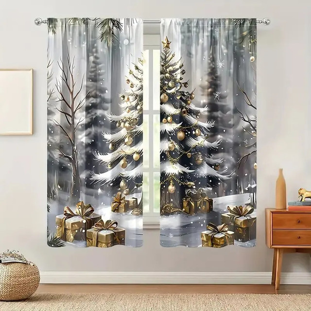 2er-Set elegante goldene Vorhänge mit Weihnachtsbaum- und Geschenkmuster, lichtblockierend, Breite: 150 cm, Höhe: 150 cm - Bild 1