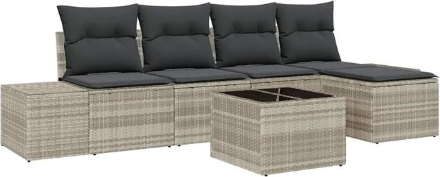 vidaXL Garten-Sofa-Set aus Poly-Rattan in Grau mit 5 Teilen, L-Form mit 2-Sitzer-Sofa, Ottoman und Couchtisch sowie Kissen - Bild 1