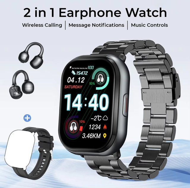 LIGE 2in1 Smartwatch mit Bluetooth Kopfhörer und Musik Headset in Schwarz für Männer und Frauen mit Anruffunktion und Gesundheitsmonitor - Bild 1