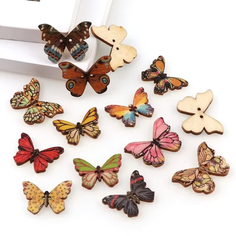 50 Stück bunte Schmetterlings-Holzknöpfe mit 2 Löchern für Nähen und Scrapbooking in Multicolor - Bild 2