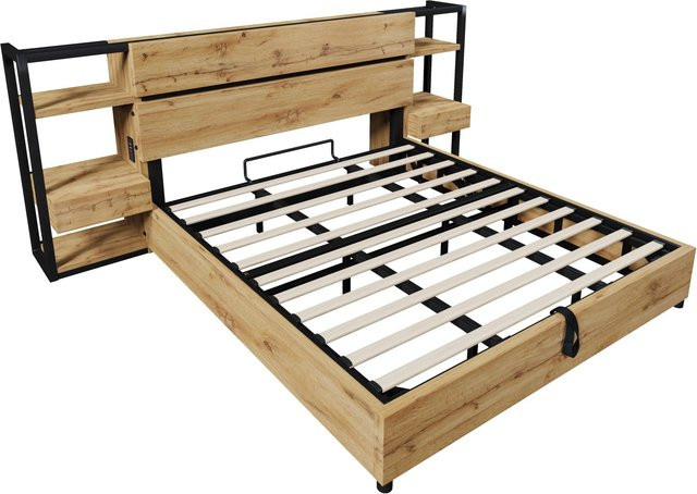 Merax Holzbett mit Hydraulik-Stauraum und USB-C Ladestation in Eiche Braun, B/T/H: 180 x 200 x 110 cm - Bild 1