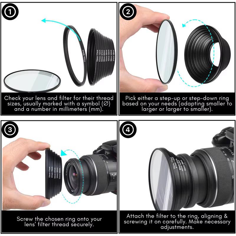 DIXSG 18-teiliges Kameraobjektiv-Filteradapter-Set in Schwarz mit Step-Up & Down Filteradapterringen 37-82mm und 82-37mm für Fujifilm Nikon Sony Canon DSLR-Kameras - Bild 4