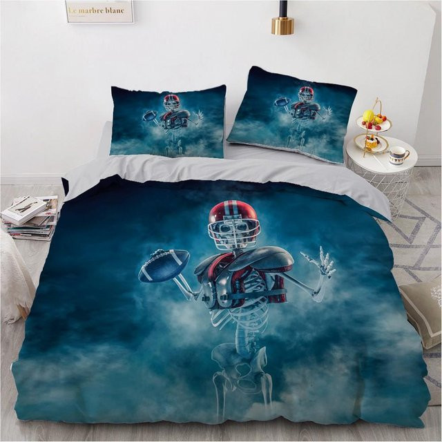 Binchi Fitness Bettwäsche-Set mit 3D Horror Totenkopf und Dämonen Motiv, Gothic Skelett Design, Schwarz/Blau, B/H: 135 x 200 cm - Bild 1