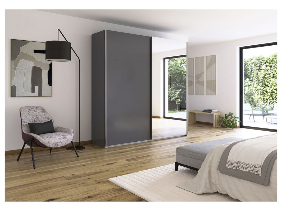 RAUCH Quadra Schwebetürenschrank Orange mit Spiegelelementen, Korpus Graumetallic, B/H: 226 x 230 cm - Bild 2