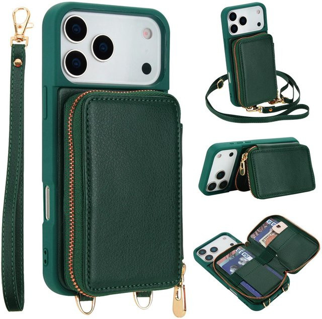Leder Crossbody Tasche mit Reißverschluss und RFID-Schutz als Geldbörse und Kartenhalter für Apple iPhone in Grün - Bild 1