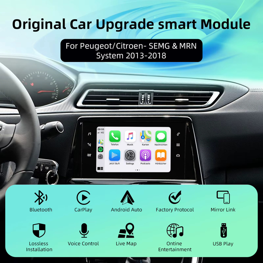 Ezonetronics OEM Bildschirm-Upgrade Decoderbox für Peugeot und Citroen 2013–2018 mit 7 Zoll Display für SMEG/MRN-Systeme, CarPlay und Android, Schwarz - Bild 3