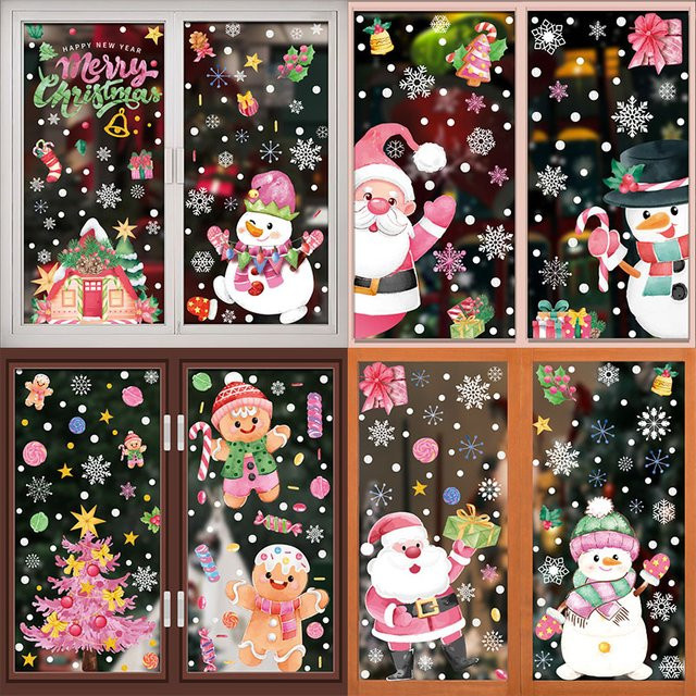 Joy-enlife Weihnachts-Fensteraufkleber in Rosa mit Weihnachtsmann, Schneemann und Rentier für Glas und Kunststoff - Bild 1
