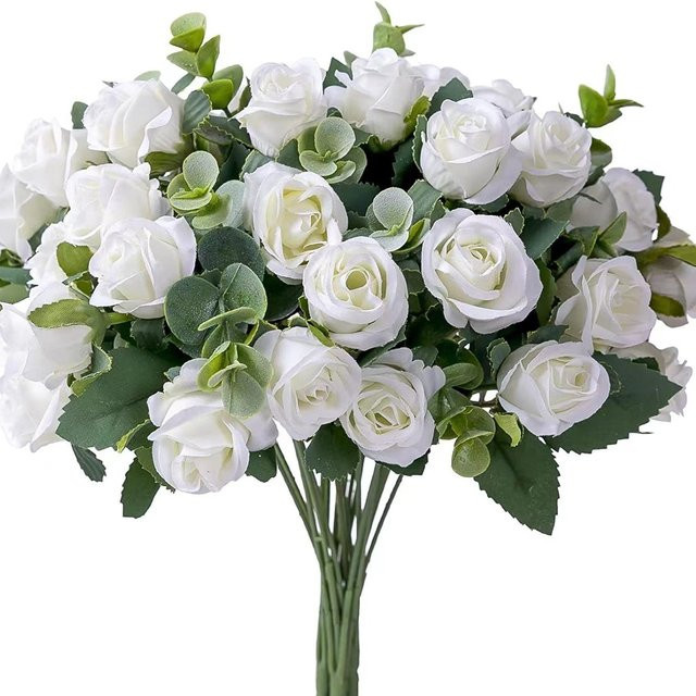 3er-Set Uflower Seidenrosenstrauß mit Eukalyptus in Beige und Weiß, Kunstblumen für Tischdekoration, Höhe: 30 cm - Bild 1
