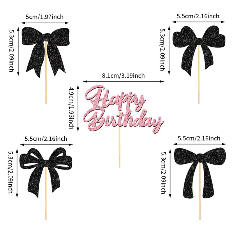 YOMDID 25 Stück Cupcake-Topper mit glitzernder Schleife für Geburtstagskuchen in Schwarz und Pink - Bild 4