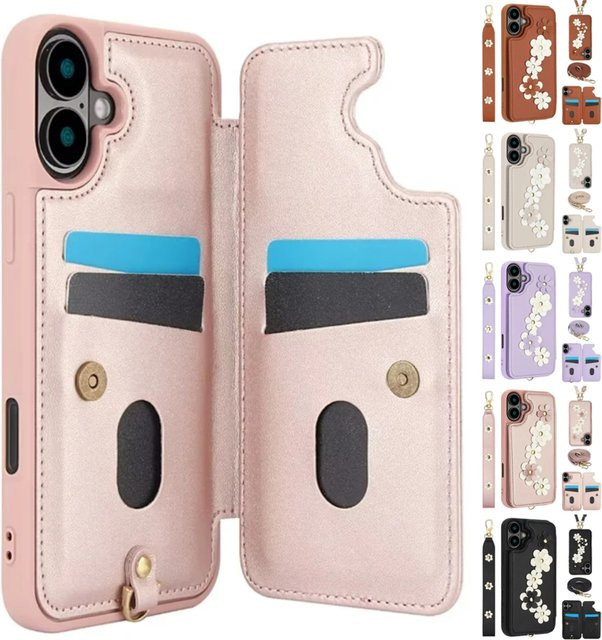 Crossbody Leder Handyhülle mit Wallet-Funktion und Wrist Strap für iPhone Modelle in Pink von aierkeba - Bild 1