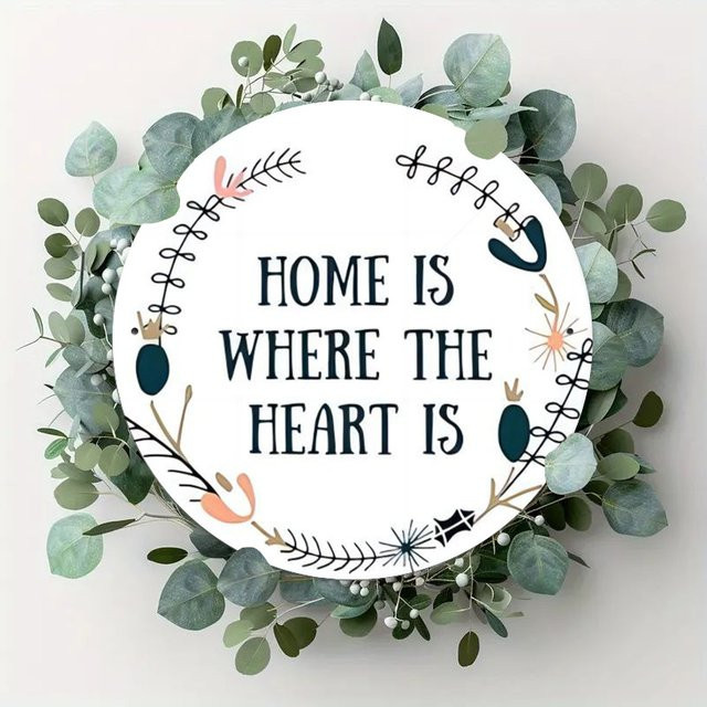 Runde Vintage-Wandkunst aus Eisen von Potdemiel in Weiß mit floralem Design und Typografie – Wo ist das Haus, das Herz ist - Bild 1