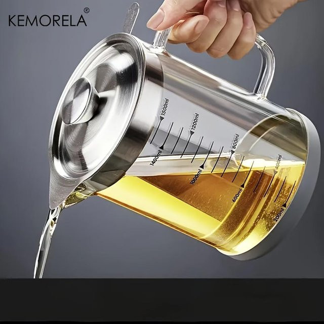 KEMORELA Glas-Ölfiltertopf mit Deckel und Griff, transparenter Fettabscheider zur Lagerung von Speiseöl, 1000 ml oder 1500 ml - Bild 1