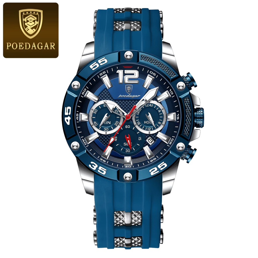 POEDAGAR Armbanduhr Chronograph, Quarz, Edelstahl, Blau, Herren - Bild 7