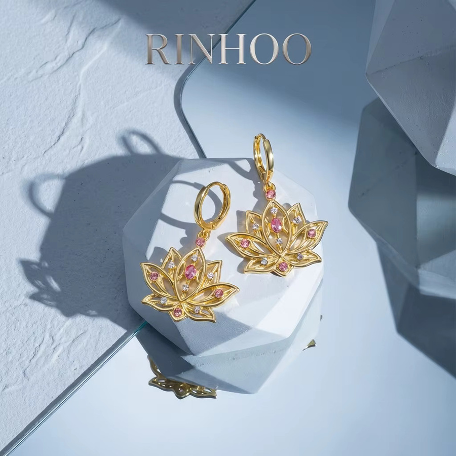 Rinhoo Ohrringe, goldfarben, Lotusblüten, Strass-Tropfen, Damen - Bild 3