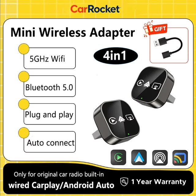 CarRocket 4-in-1 Wireless CarPlay Adapter für Apple Mirror Link und Android Auto, Schwarz - Bild 1