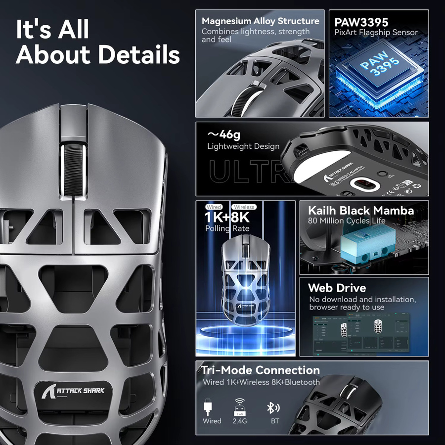 ATTACK SHARK R3 Gaming Maus aus Magnesiumlegierung in Schwarz mit PixArt PAW3395 Sensor, 26000 DPI, 8 kHz Polling Rate, 2,4 GHz, Bluetooth und kabelgebunden, 46 g superleicht für PC und Mac - Bild 2
