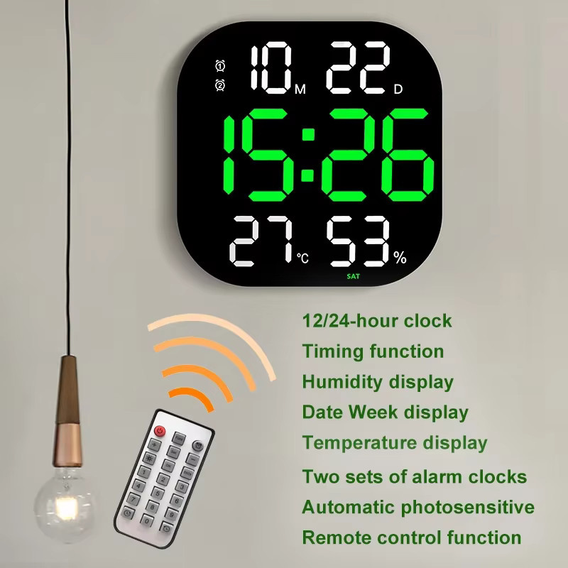 WOKLOK 13 Zoll LED Digitale Wanduhr mit Fernbedienung, Temperatur und Luftfeuchtigkeit, Woche, Auto Dimmer, Wecker, Schwarz und Grün - Bild 2