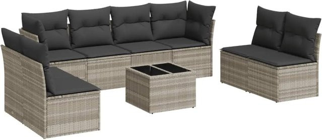 vidaXL 9-teilige Garten-Sofagarnitur in L-Form mit Kissen und Couchtisch, Hellgrau, Poly Rattan und Metallrahmen - Bild 1