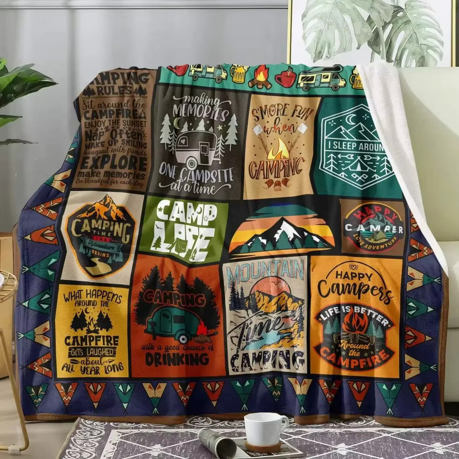 VIKAMA Patchwork Decke im Vintage-Camping-Stil, Mehrfarbig, Grafik-Design - Bild 2