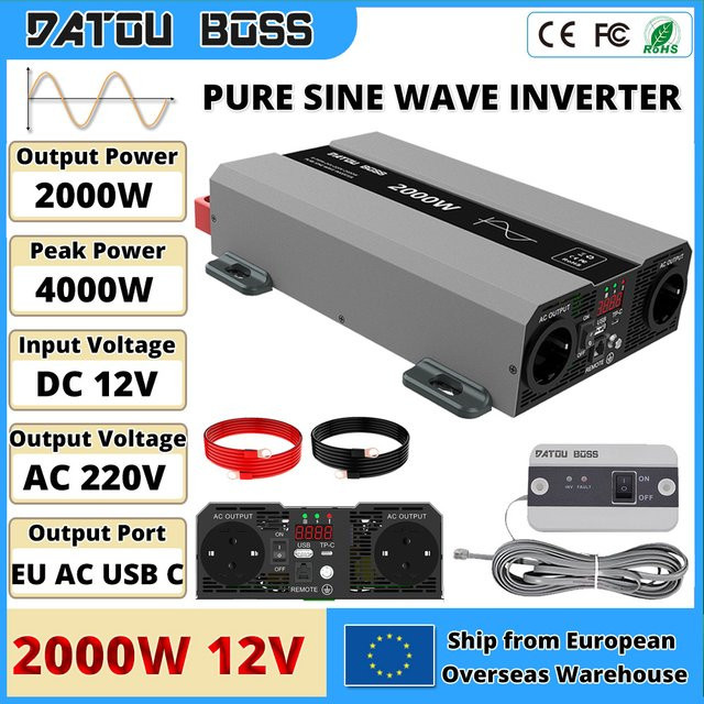 DATOUBOSS 2000W Reiner Sinus-Wechselrichter 12V DC zu 220V AC mit USB- und AC-Buchse sowie LCD-Display für RV, Auto und Heim - Bild 1