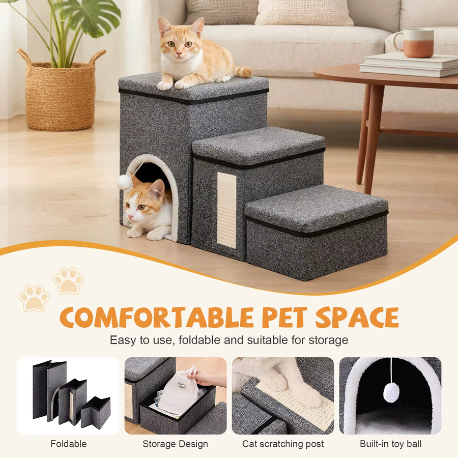 Jianyana Hundetreppe für kleine Hunde und Katzen, faltbare Haustiertreppe mit Aufbewahrungsbox und Katzenkratzbrett, verstellbare Hundestufen in Anthrazit und Grau - Bild 2
