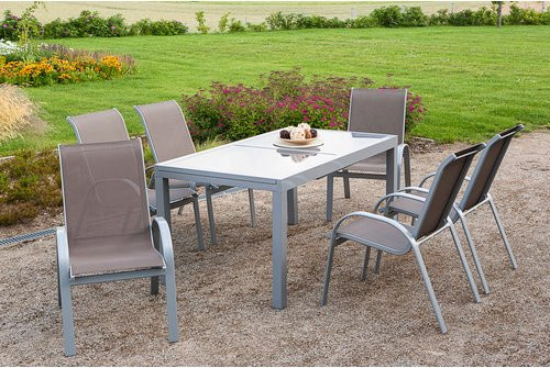 Merxx Gartenmöbel-Set Amalfi aus Aluminium mit ausziehbarem Tisch und 7-teiliger Esstisch-Gruppe in Taupe - Bild 1