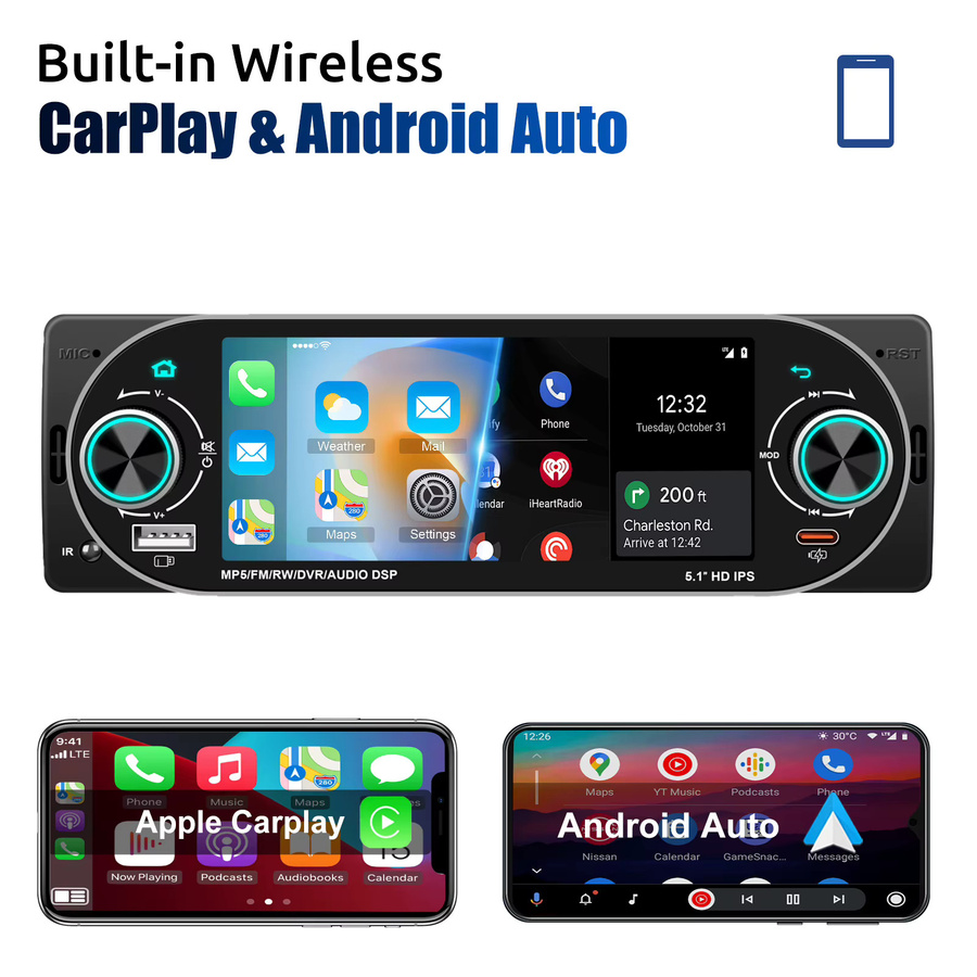 ESSGOO 1-DIN MP5 Autoradio mit 5,1 Zoll IPS-Bildschirm, kabelloses CarPlay und Android Auto, Bluetooth und Mirror Link, Schwarz - Bild 4
