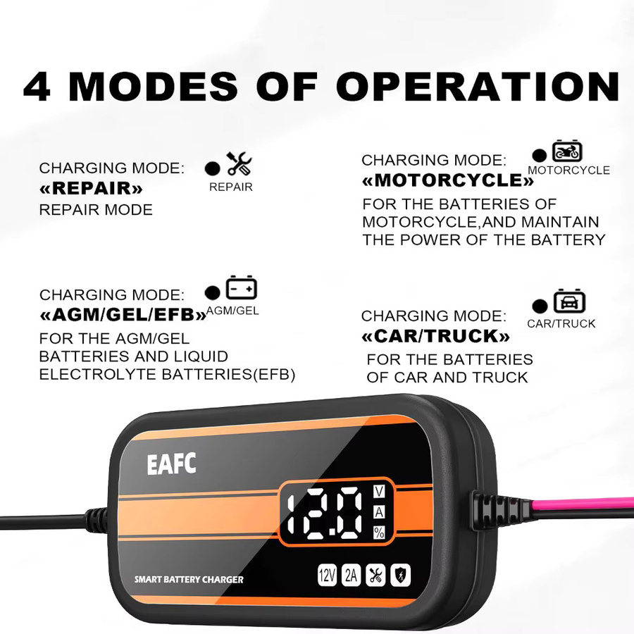EAFC Intelligentes 12V Auto Batterie Ladegerät mit Digital Display zur Reparatur von Blei-Säure-Batterien für Auto, SUV und Motorrad, Schwarz - Bild 3