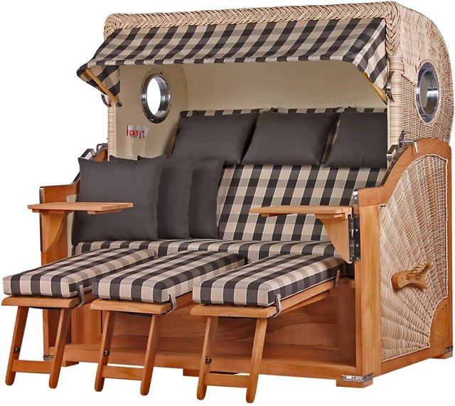 bene,iving Strandkorb Komplettset Königssee 3 Sitzer aus Teakholz mit PE Shell Modell 505, Braun/Mehrfarbig, inklusive Liftersystem, Schutzhülle, Doppelrollen und Glasbecherhalter - Bild 1