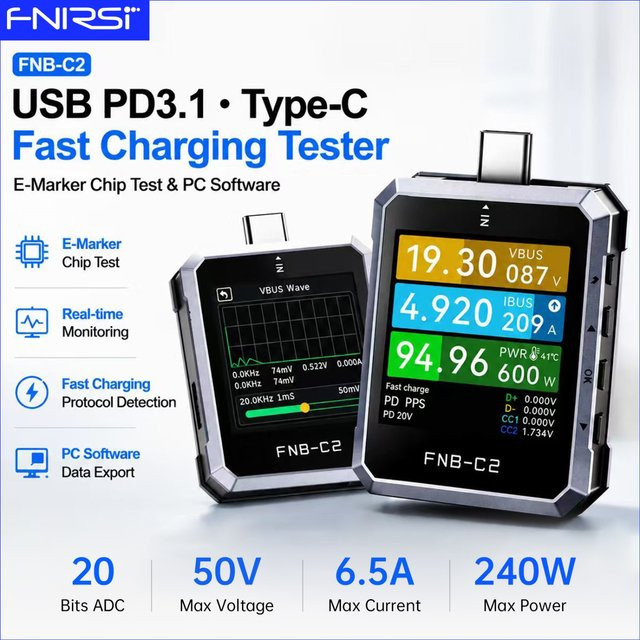 FNIRSI FNB-C2 Typ-C Schnellladetester Amperemeter Voltmeter in Schwarz mit Unterstützung für PD3.1 und QC3.0 für die Reparatur von Handys und Powerbanks - Bild 1