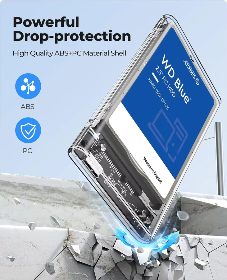 ORICO externes 2,5 Zoll Festplattengehäuse USB 3.0 zu SATA III, transparent, werkzeuglos für 7 mm und 9,5 mm SATA HDD und SSD - Bild 2