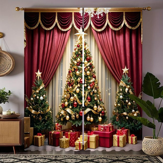 2-teiliges Set halbtransparente Fenstervorhänge mit Weihnachtsbaum- und Ornament-Print von Household supplies MH, Mehrfarbig, B: 50 cm, H: 130 cm - Bild 1