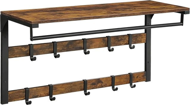 Relaxdays Wandgarderobe im Vintage-Design aus MDF und Metall mit Ablage und 10 Haken, Farbe: Vintagebraun und Schwarz, B: 80 cm, H: 42 cm, T: 30 cm - Bild 1