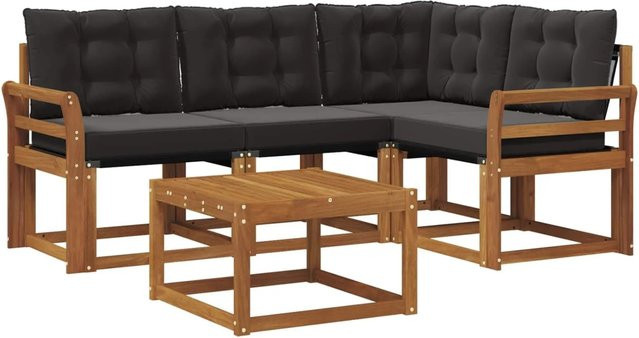 vidaXL Outdoor-Sofagarnitur aus Akazienholz in L-Form mit Kissen und Couchtisch, 5-teiliges Set in Braun und Schwarz - Bild 1