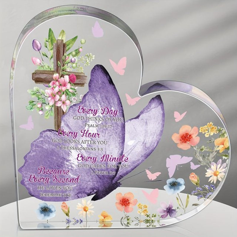 Inspirierende christliche Schreibtischdekoration aus transparentem Acryl mit Herzform, Schmetterling und floralem Design - Bild 1