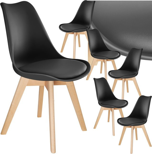 tectake Set Esszimmerstuhl Frederikke Scandi-Design mit gepolsterter Sitzfläche aus Kunstleder, 6er Set, Schwarz, B: 49 cm, T: 53 cm, H: 82 cm - Bild 1