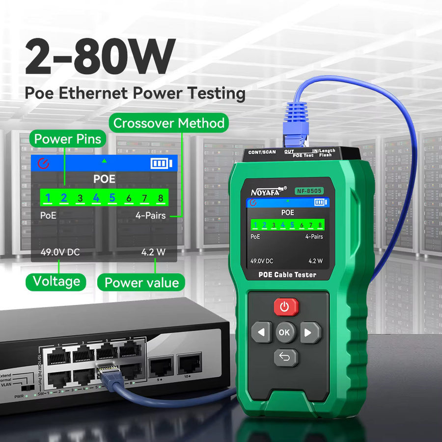 NOYAFA NF-8505 Netzwerkkabel-Tester RJ45 Kabel-Tracer mit Fehlerdistanz-Messung und PoE-Switch Spannungs- und Leistungstester in Grün - Bild 5