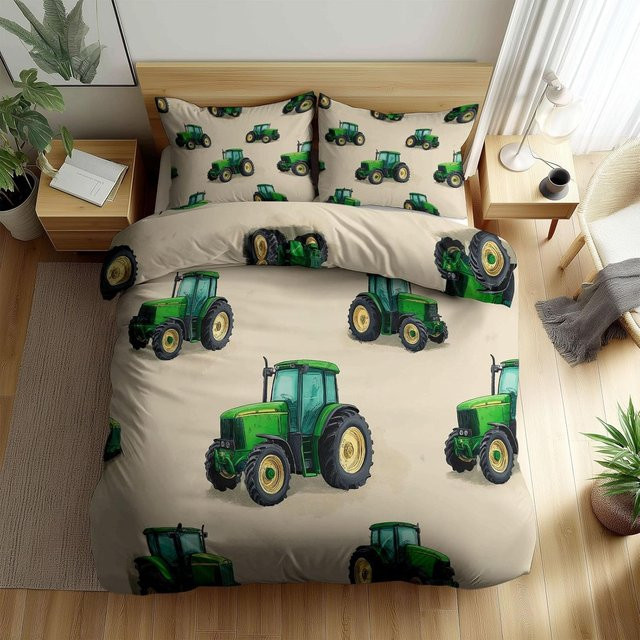 Bettbezug Set mit Kissenbezügen 3D Cartoon Bauernhof Traktor Druck aus Mikrofaser, Beige, B: 120 cm, L: 150 cm - Bild 1