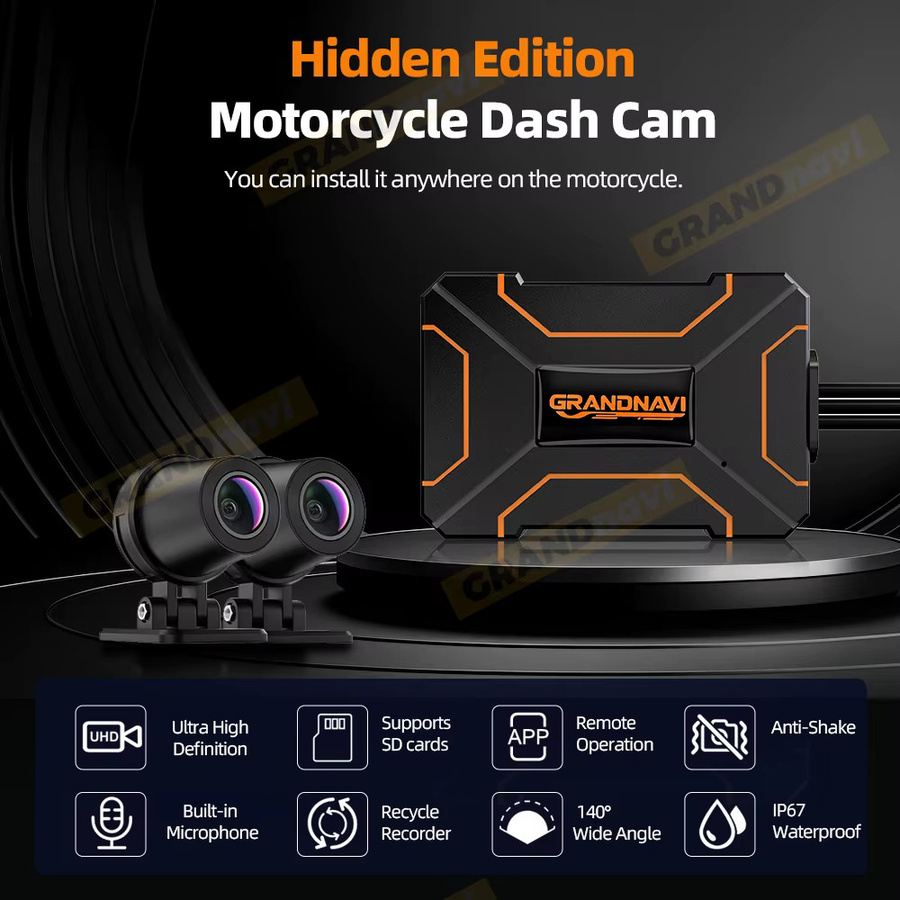 Grandnavi Motorrad Dual-DVR Action-Kamera mit 1080P 2K Auflösung, Vorder- und Rückansicht, Wasserdicht, Nachtsicht und WLAN, Schwarz - Bild 2