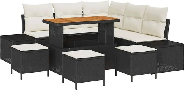 vidaXL Garten-Sofa-Set 9-teilig in Schwarz und Beige mit Kissen, L-Form aus Poly-Rattan und Metallrahmen für Garten, Balkon und Terrasse - Bild 1