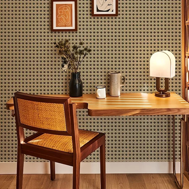 Selbstklebende Tapete in Beige mit Retro-Rattan-Muster und Holzmaserung, wasserfeste Wandgestaltung für Schlafzimmer und TV-Hintergrund, Breite: 45 cm, Höhe: 200 cm - Bild 1