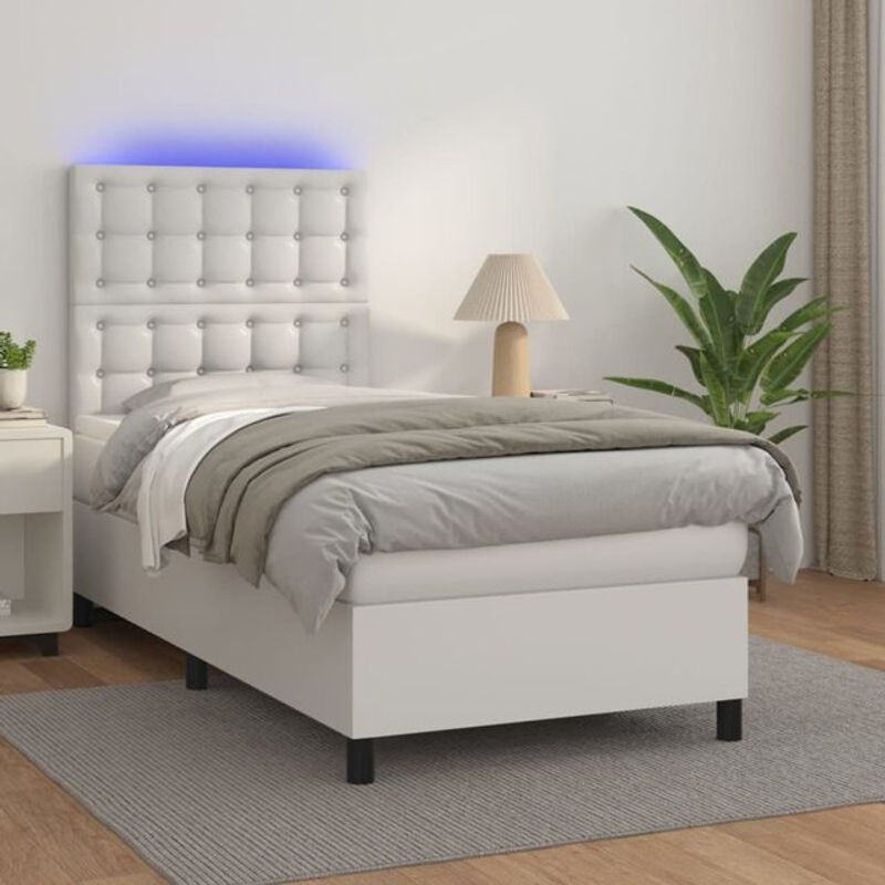 Vidaxl Boxspringbett mit Matratze in Weiß aus Kunstleder, Modernes Polsterbett B/T: 90 x 190 cm - Bild 1